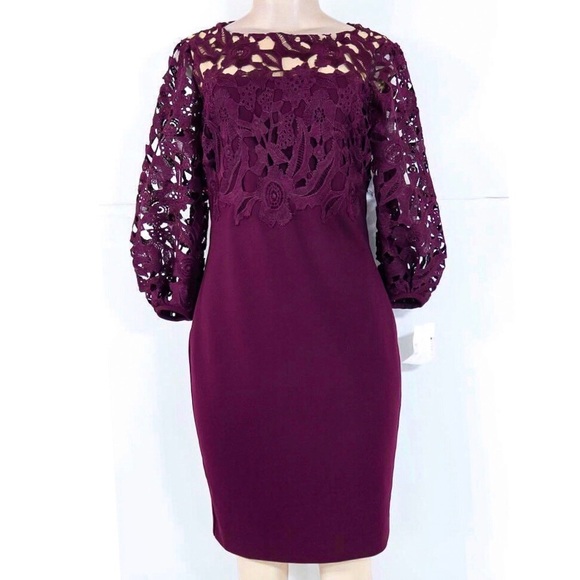 RALPH LAUREN Plum Wine Puff Sleeve Lace Top Pencil Dress Hidden Zipper Sz 4 NWT - Picture 1 of 7